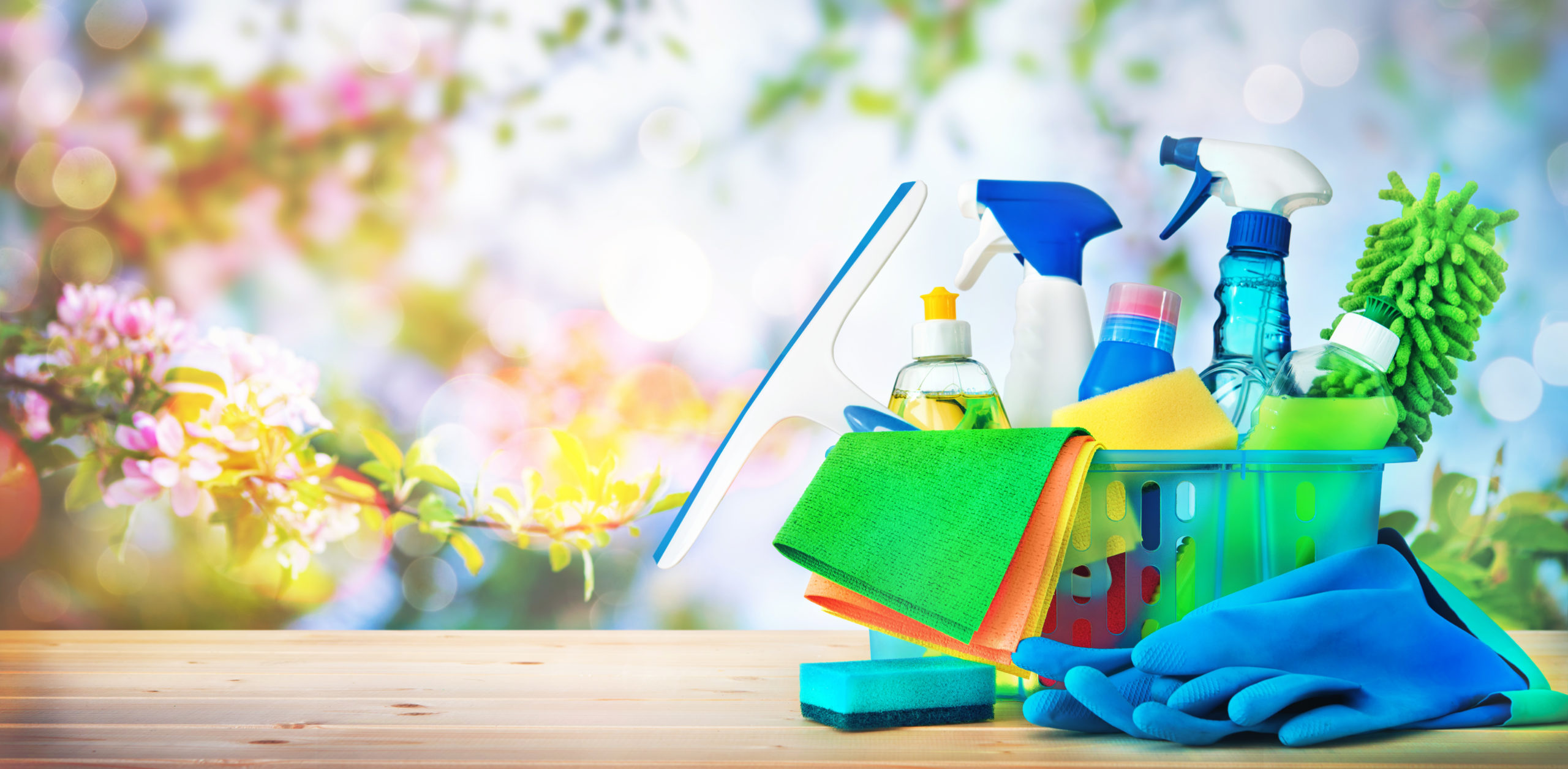 Cleaning Products Against Spring Background